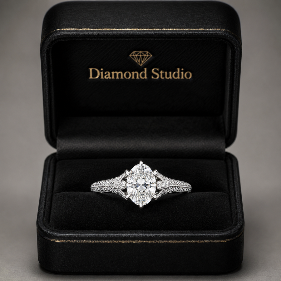 5.00 CT Oval Lab-Grown Diamond Engagement Ring in 14K White Gold – Hand-Engraved Wheat Leaf Design