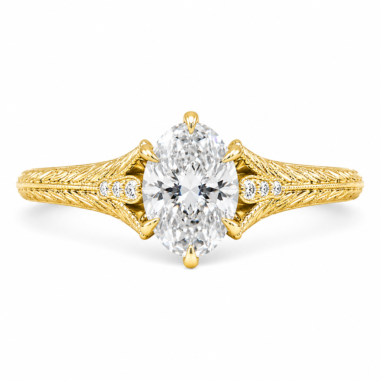5.00 CT Oval Lab-Grown Diamond Engagement Ring in 14K White Gold – Hand-Engraved Wheat Leaf Design
