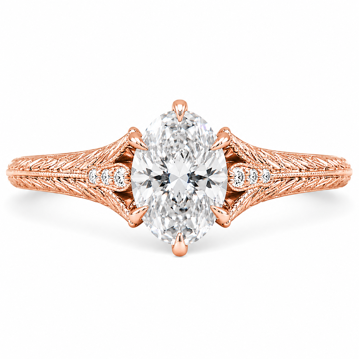 5.00 CT Oval Lab-Grown Diamond Engagement Ring in 14K White Gold – Hand-Engraved Wheat Leaf Design
