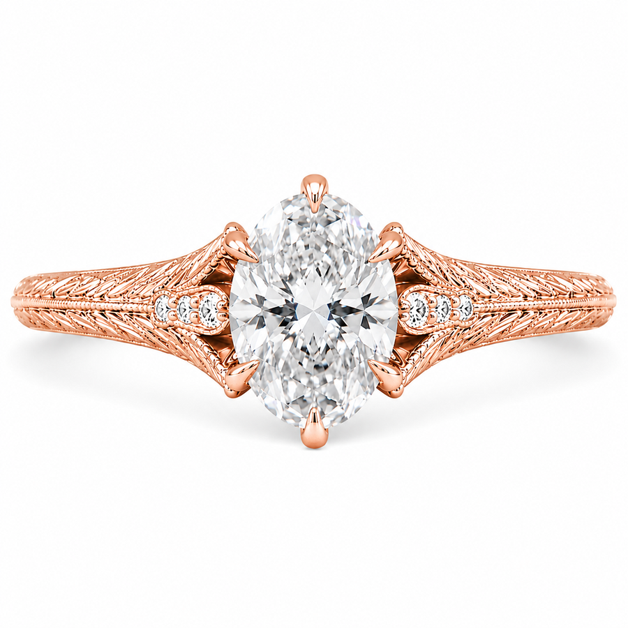 5.00 CT Oval Lab-Grown Diamond Engagement Ring in 14K White Gold – Hand-Engraved Wheat Leaf Design