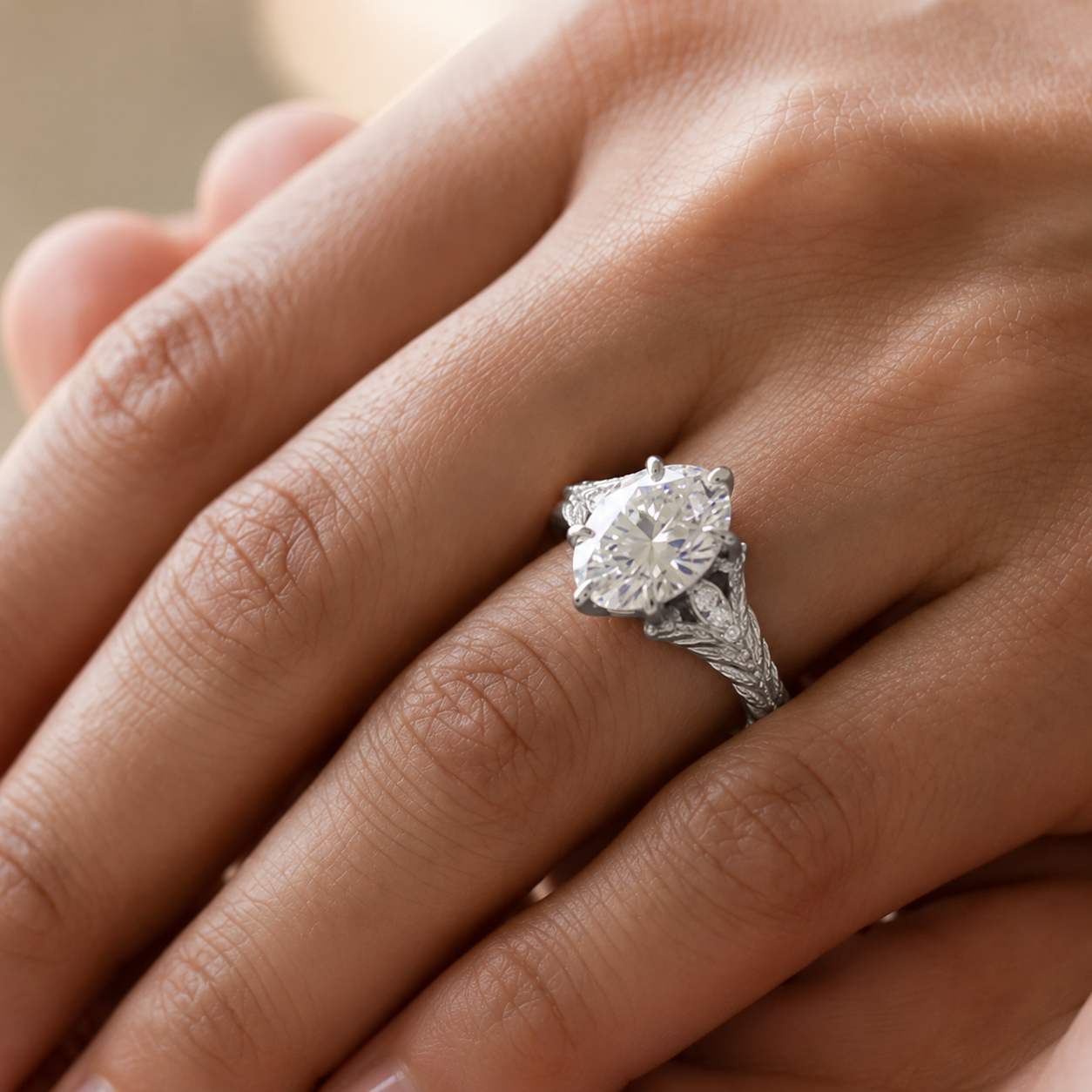 5.00 CT Oval Lab-Grown Diamond Engagement Ring in 14K White Gold – Hand-Engraved Wheat Leaf Design