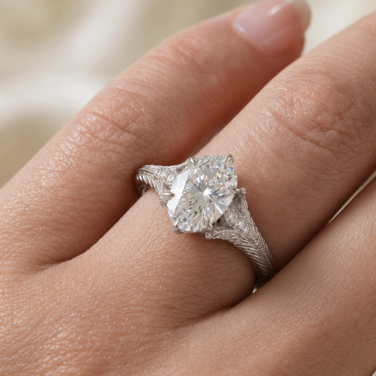 5.00 CT Oval Lab-Grown Diamond Engagement Ring in 14K White Gold – Hand-Engraved Wheat Leaf Design