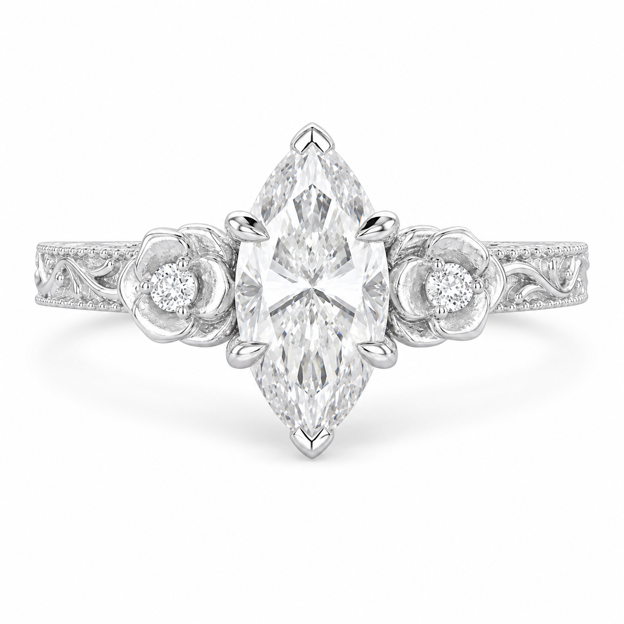 3.00 CT Vintage Marquise Cut Lab-Grown Diamond Engagement Ring in 14K White Gold – Milgrain Filigree Floral Vine Design