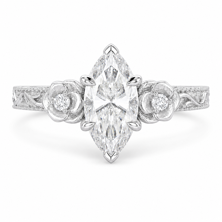 3.00 CT Vintage Marquise Cut Lab-Grown Diamond Engagement Ring in 14K White Gold â€“ Milgrain Filigree Floral Vine Design from Diamond Studio