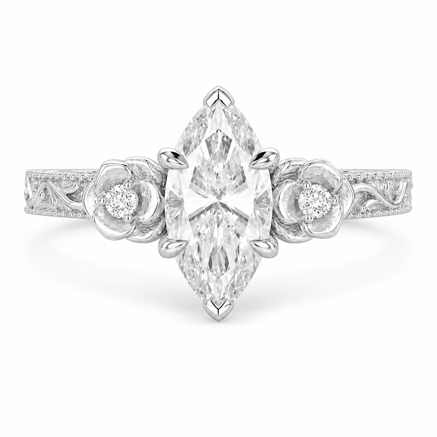 3.00 CT Vintage Marquise Cut Lab-Grown Diamond Engagement Ring in 14K White Gold – Milgrain Filigree Floral Vine Design