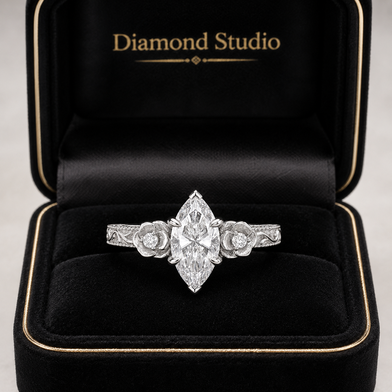 3.00 CT Vintage Marquise Cut Lab-Grown Diamond Engagement Ring in 14K White Gold – Milgrain Filigree Floral Vine Design
