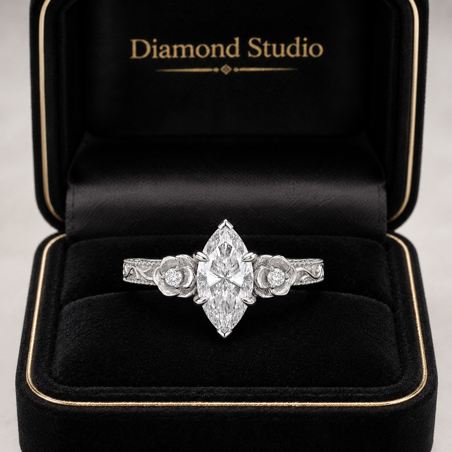 3.00 CT Vintage Marquise Cut Lab-Grown Diamond Engagement Ring in 14K White Gold – Milgrain Filigree Floral Vine Design