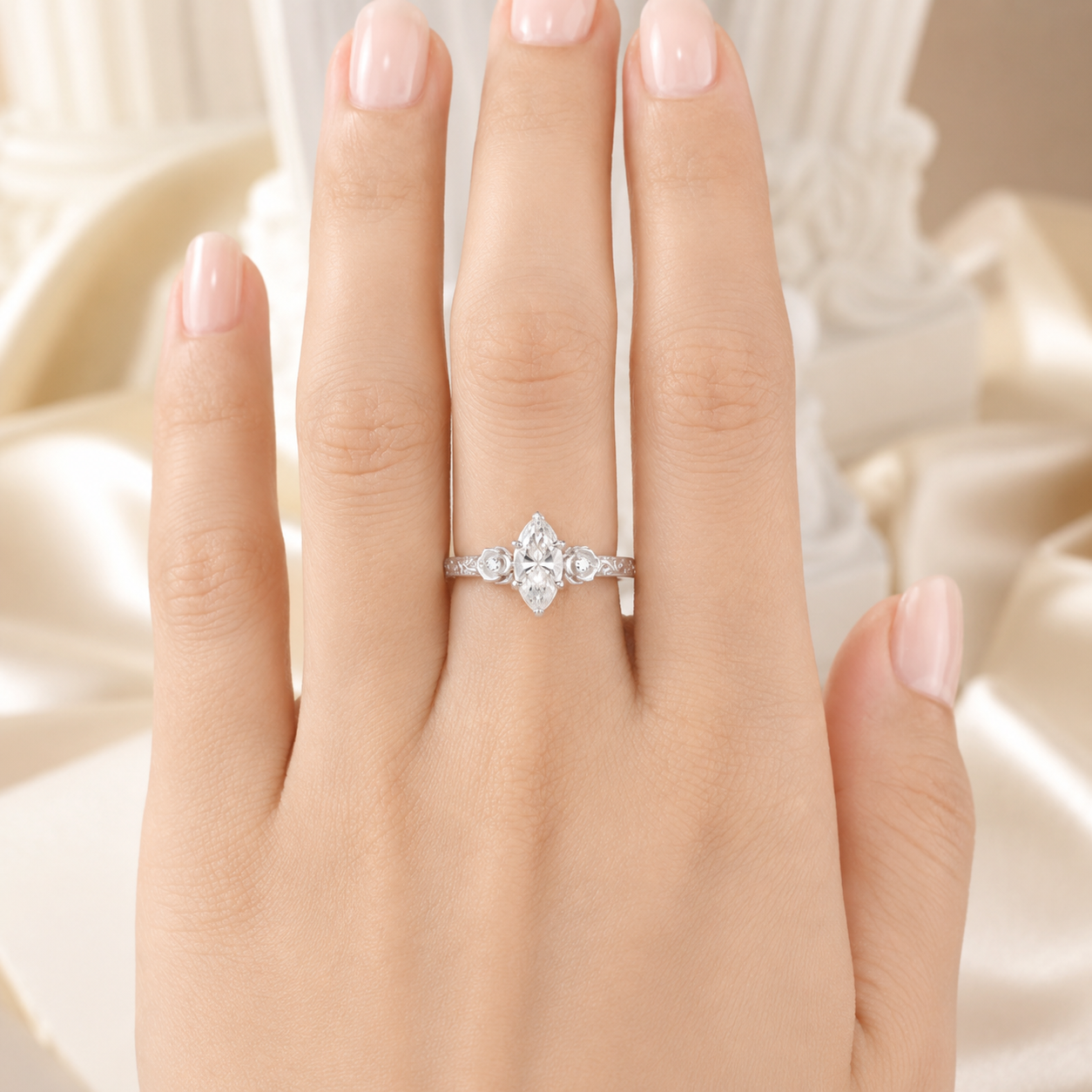 3.00 CT Vintage Marquise Cut Lab-Grown Diamond Engagement Ring in 14K White Gold – Milgrain Filigree Floral Vine Design