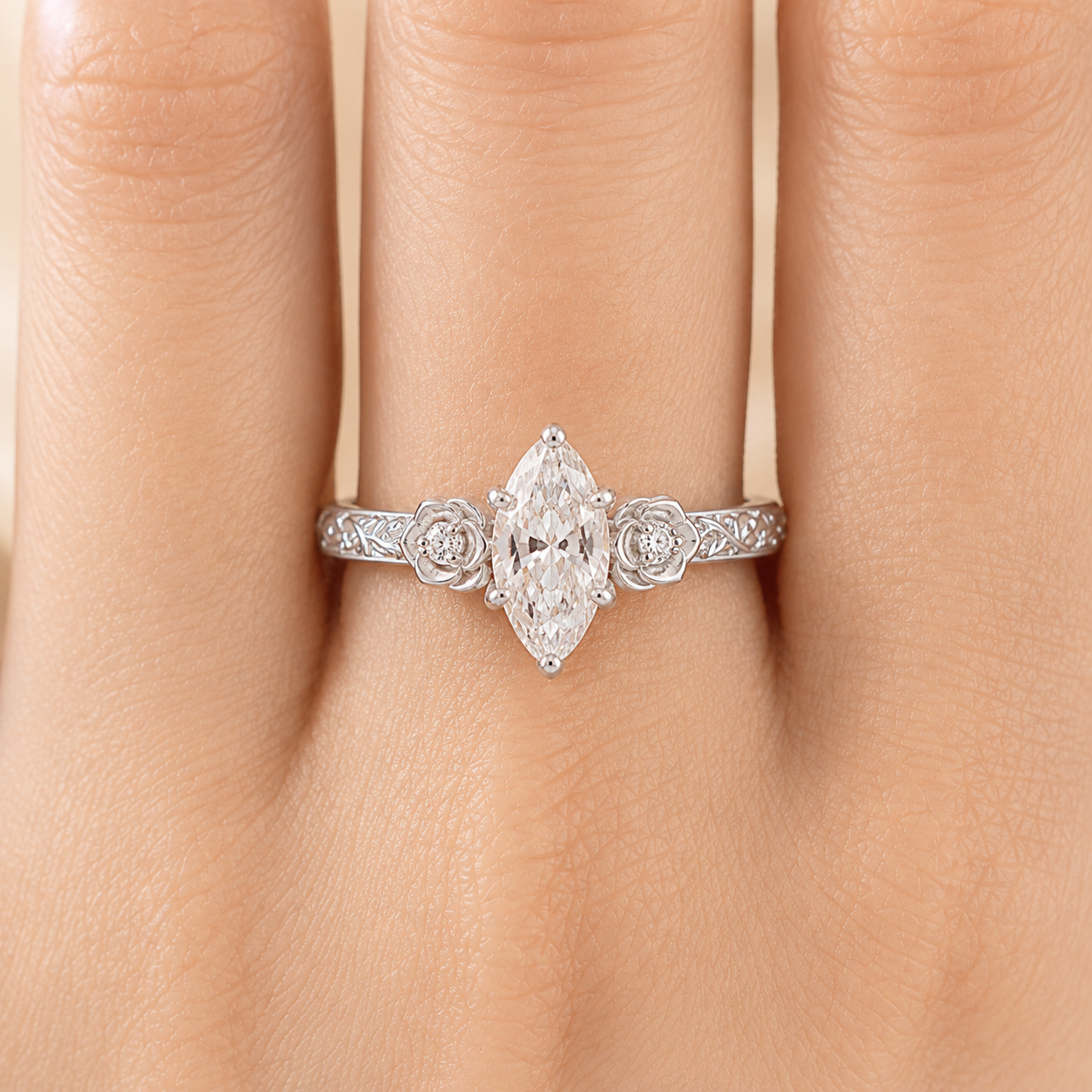 3.00 CT Vintage Marquise Cut Lab-Grown Diamond Engagement Ring in 14K White Gold – Milgrain Filigree Floral Vine Design