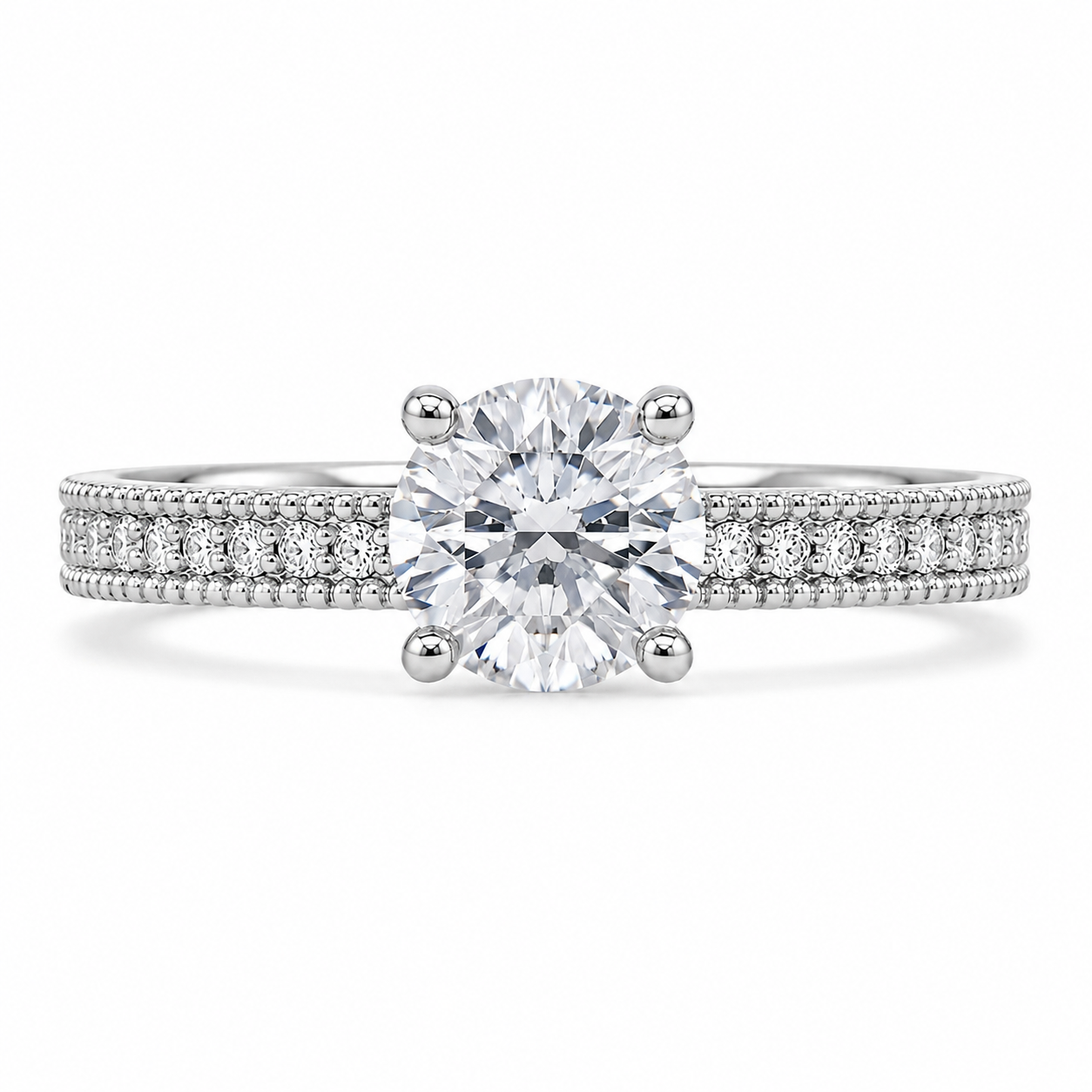 1.50 CT Vintage Lab-Grown Diamond Engagement Ring in 14K White Gold – Hand-Engraved Antique Design
