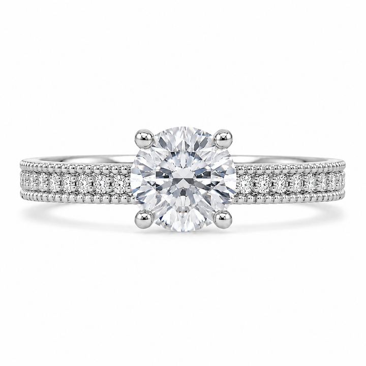 1.50 CT Vintage Lab-Grown Diamond Engagement Ring in 14K White Gold â€“ Hand-Engraved Antique Design from Diamond Studio
