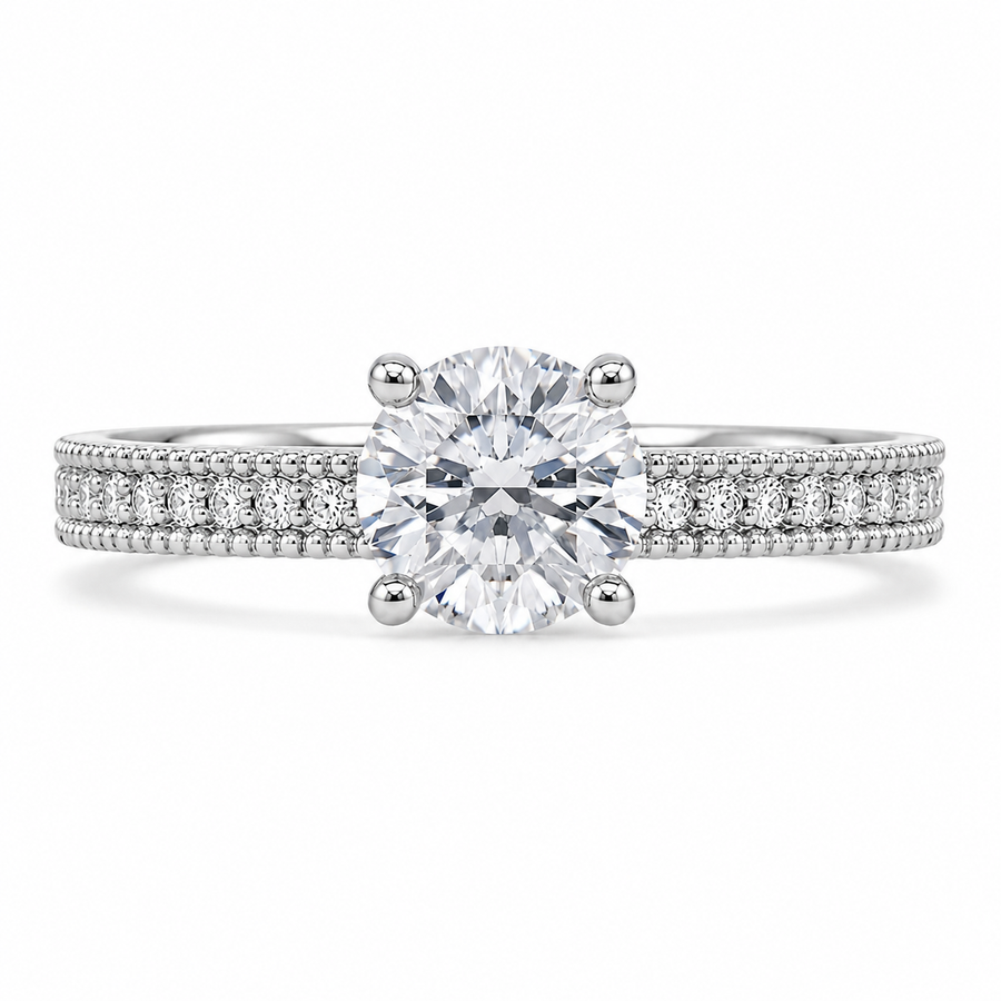 1.50 CT Vintage Lab-Grown Diamond Engagement Ring in 14K White Gold – Hand-Engraved Antique Design