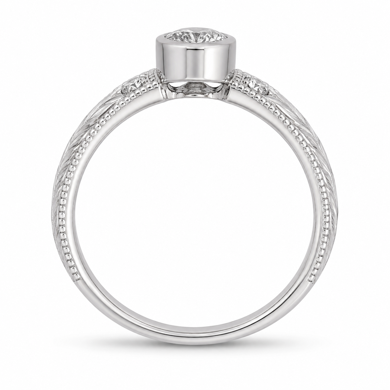 2.00 CT Oval Bezel Set Lab-Grown Diamond Engagement Ring in 14K White Gold – Hand-Engraved Vintage Heirloom Design