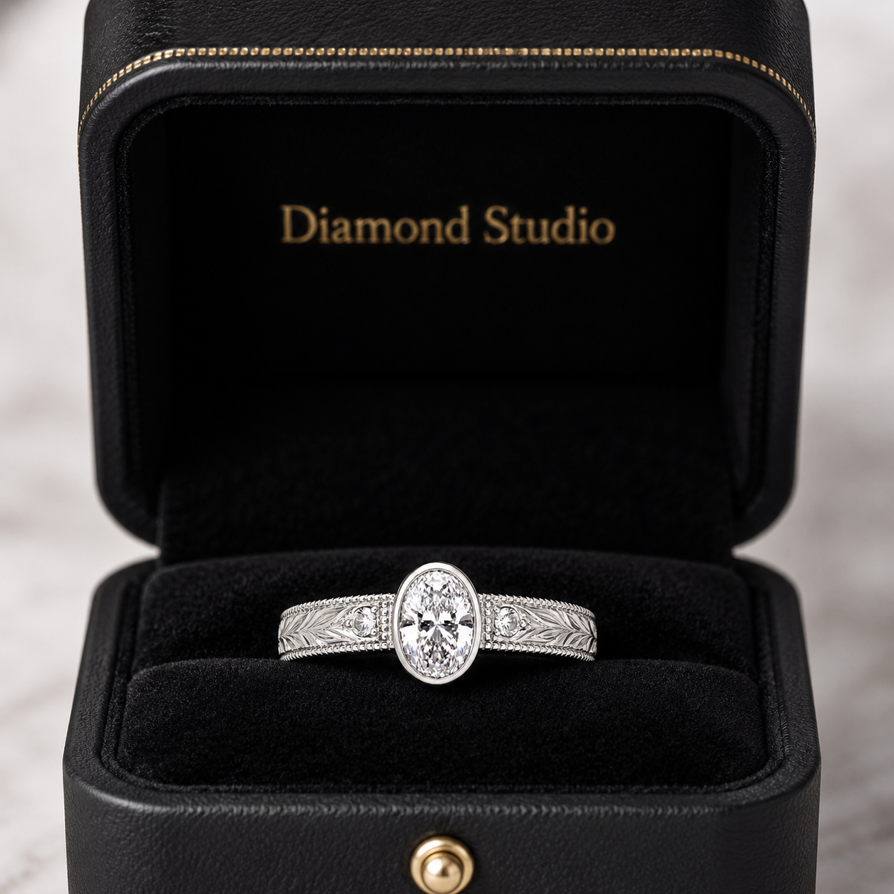 2.00 CT Oval Bezel Set Lab-Grown Diamond Engagement Ring in 14K White Gold – Hand-Engraved Vintage Heirloom Design