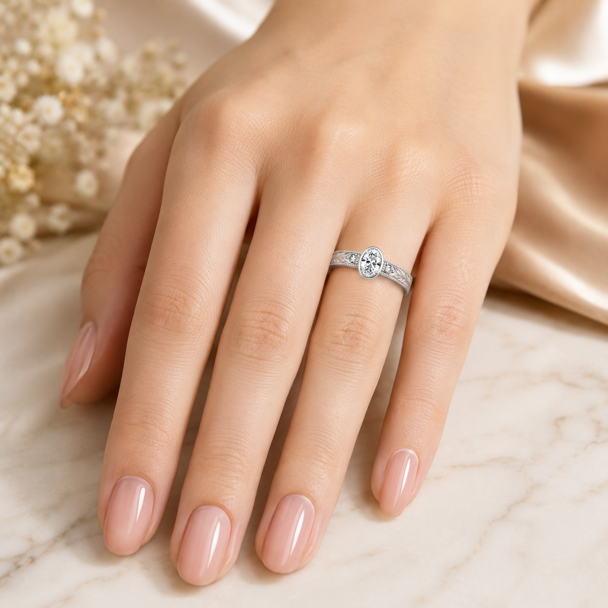 2.00 CT Oval Bezel Set Lab-Grown Diamond Engagement Ring in 14K White Gold – Hand-Engraved Vintage Heirloom Design
