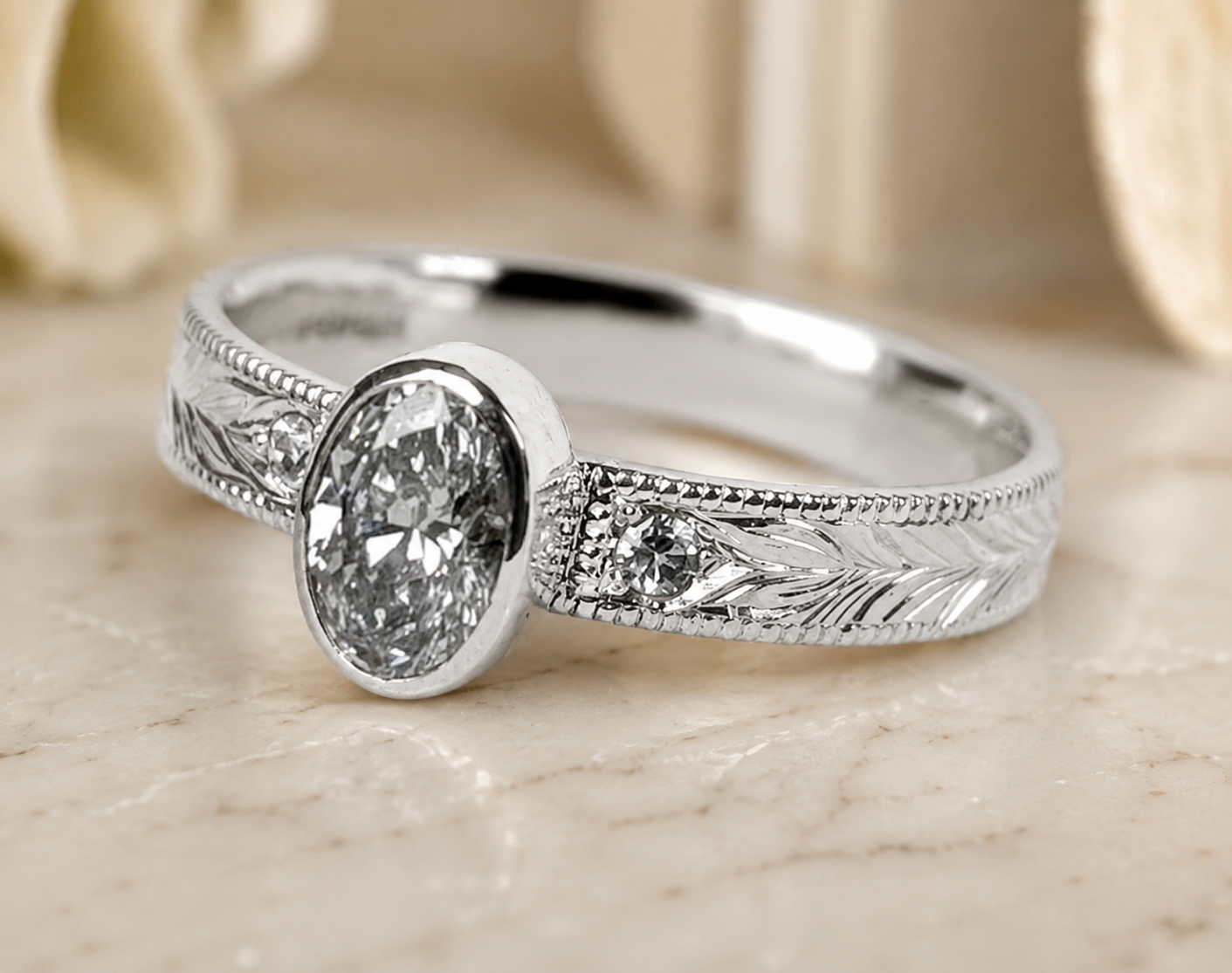 2.00 CT Oval Bezel Set Lab-Grown Diamond Engagement Ring in 14K White Gold – Hand-Engraved Vintage Heirloom Design