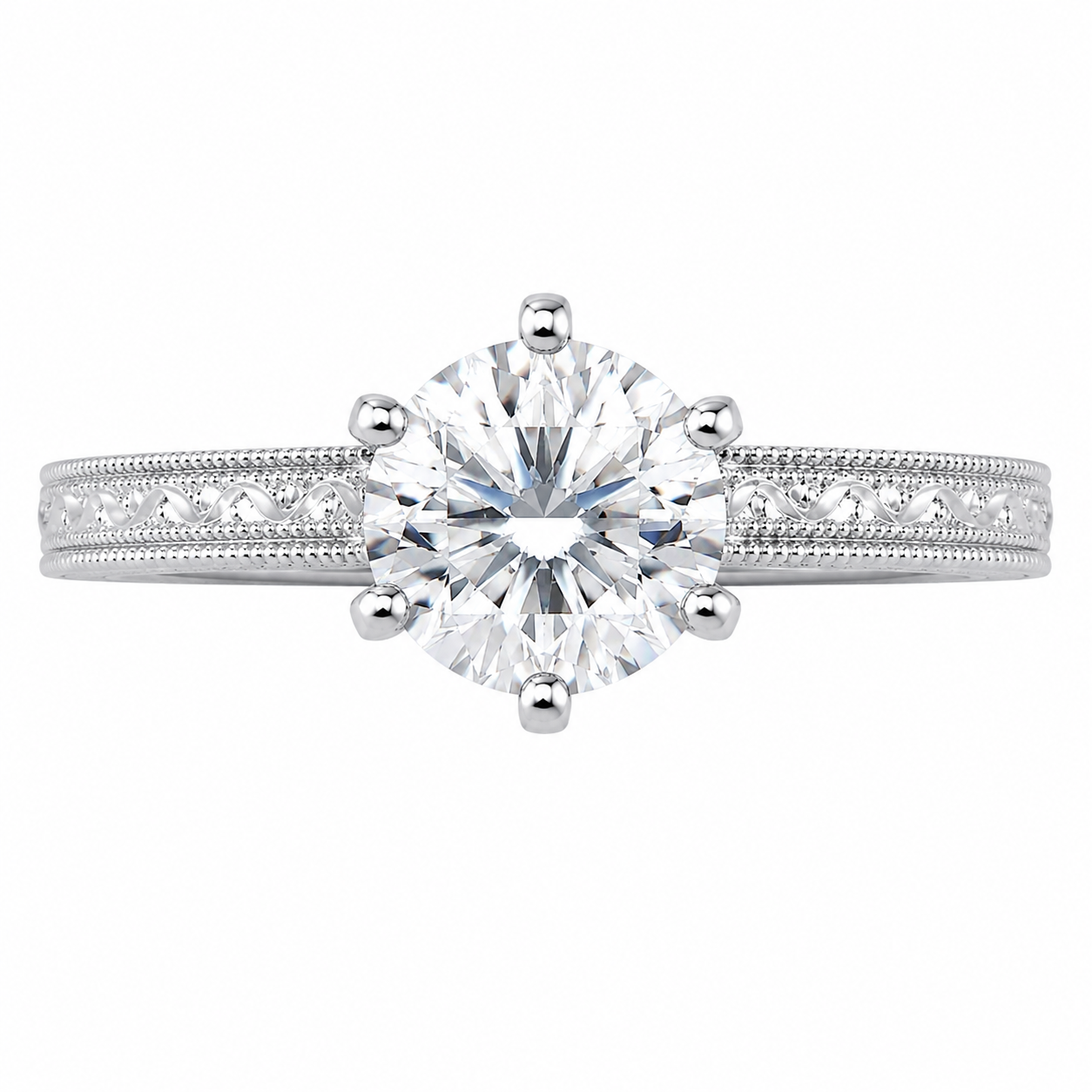 1.00 CT Vintage Lab-Grown Diamond Engagement Ring in 14K White Gold – Hand-Engraved Art Deco Minimalist Design