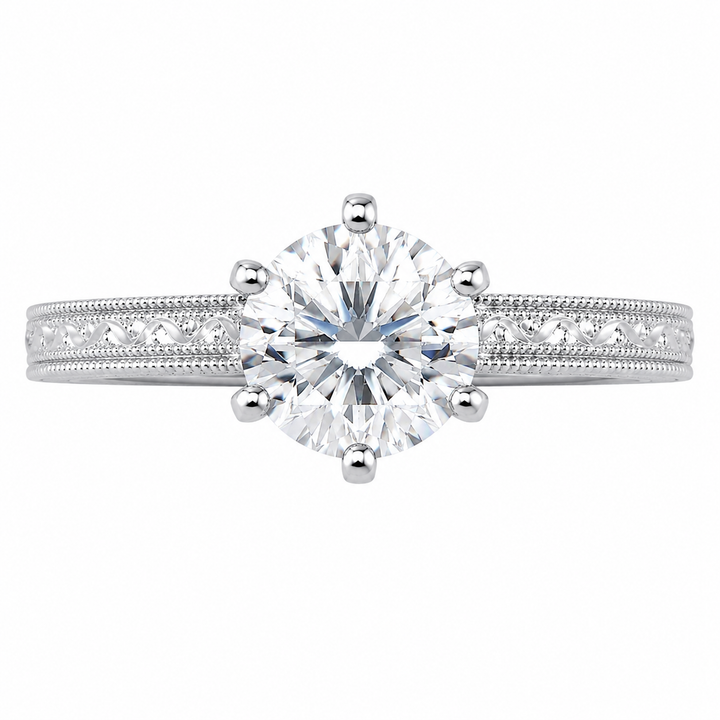 1.00 CT Vintage Lab-Grown Diamond Engagement Ring in 14K White Gold â€“ Hand-Engraved Art Deco Minimalist Design from Diamond Studio