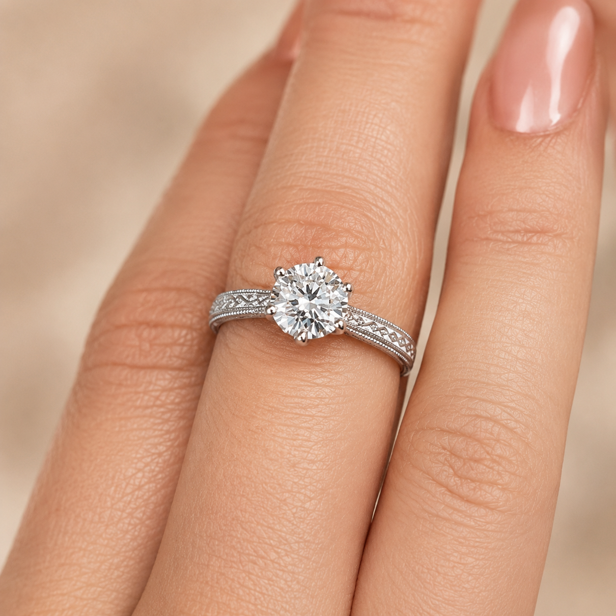 1.00 CT Vintage Lab-Grown Diamond Engagement Ring in 14K White Gold – Hand-Engraved Art Deco Minimalist Design