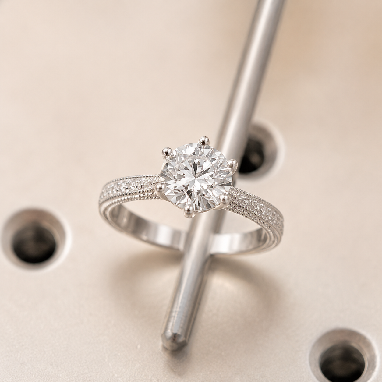 1.00 CT Vintage Lab-Grown Diamond Engagement Ring in 14K White Gold – Hand-Engraved Art Deco Minimalist Design