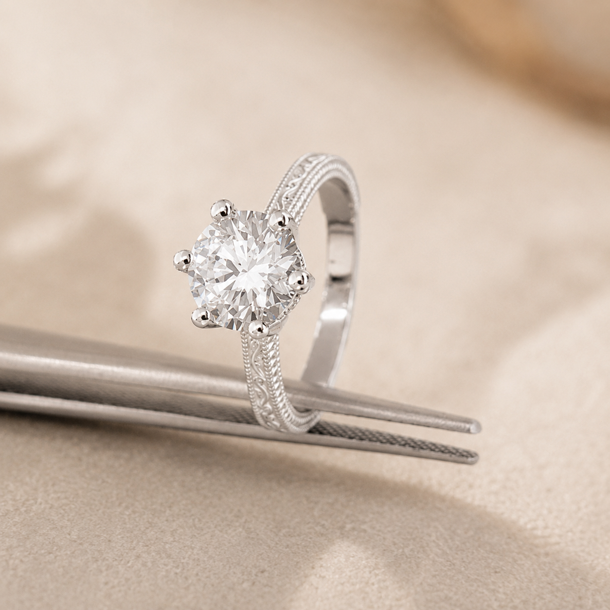 1.00 CT Vintage Lab-Grown Diamond Engagement Ring in 14K White Gold – Hand-Engraved Art Deco Minimalist Design
