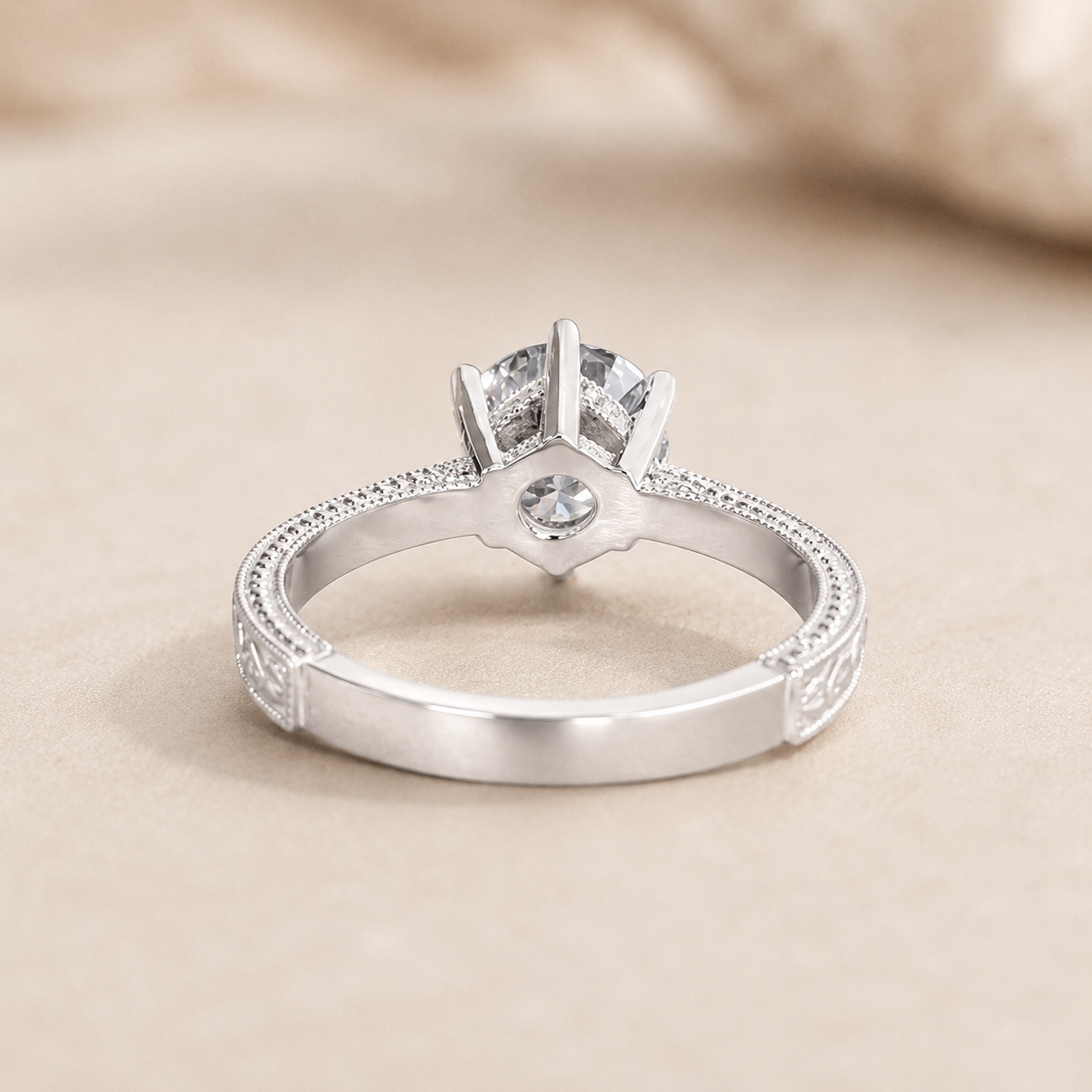 1.00 CT Vintage Lab-Grown Diamond Engagement Ring in 14K White Gold – Hand-Engraved Art Deco Minimalist Design