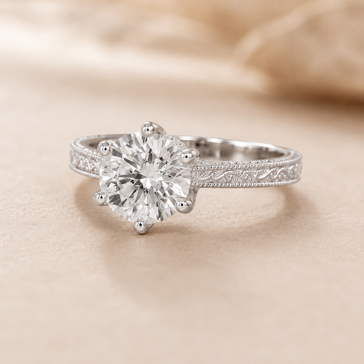 1.00 CT Vintage Lab-Grown Diamond Engagement Ring in 14K White Gold – Hand-Engraved Art Deco Minimalist Design