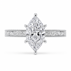 3.50 CT Dutch Marquise Cut Lab-Grown Diamond Engagement Ring in 14K White Gold – Art Deco Engraved Milgrain Floral Design