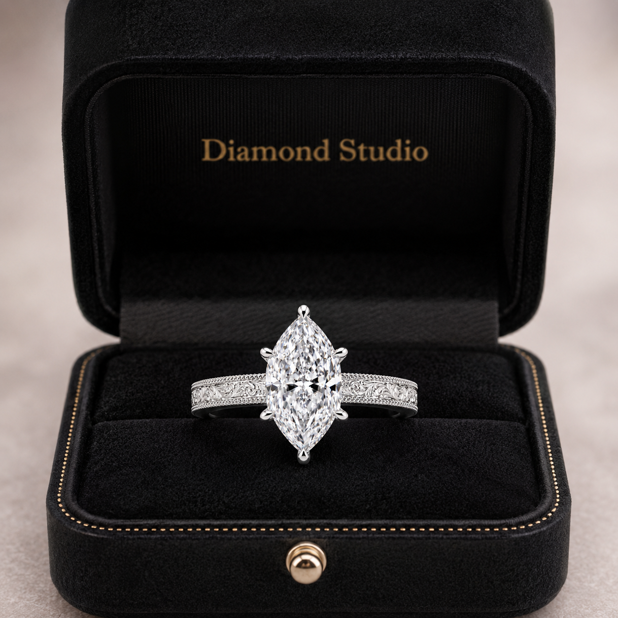 3.50 CT Dutch Marquise Cut Lab-Grown Diamond Engagement Ring in 14K White Gold – Art Deco Engraved Milgrain Floral Design