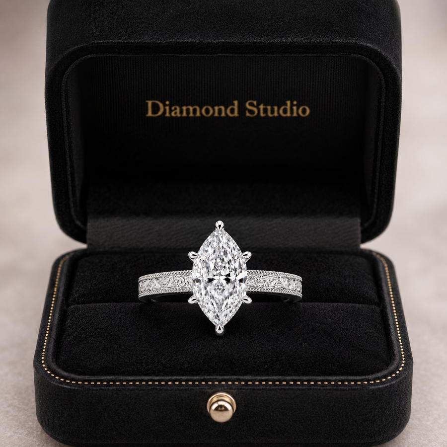 3.50 CT Dutch Marquise Cut Lab-Grown Diamond Engagement Ring in 14K White Gold – Art Deco Engraved Milgrain Floral Design