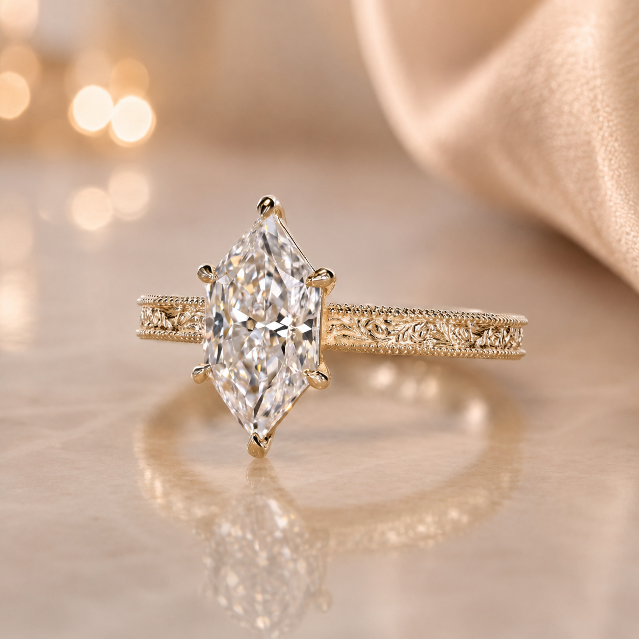 3.50 CT Dutch Marquise Cut Lab-Grown Diamond Engagement Ring in 14K White Gold – Art Deco Engraved Milgrain Floral Design
