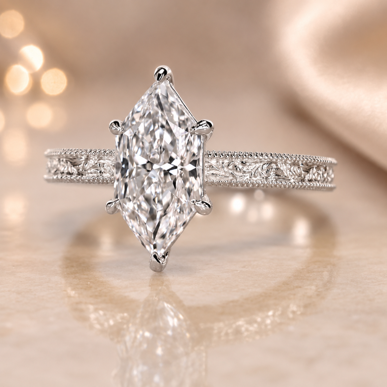 3.50 CT Dutch Marquise Cut Lab-Grown Diamond Engagement Ring in 14K White Gold – Art Deco Engraved Milgrain Floral Design