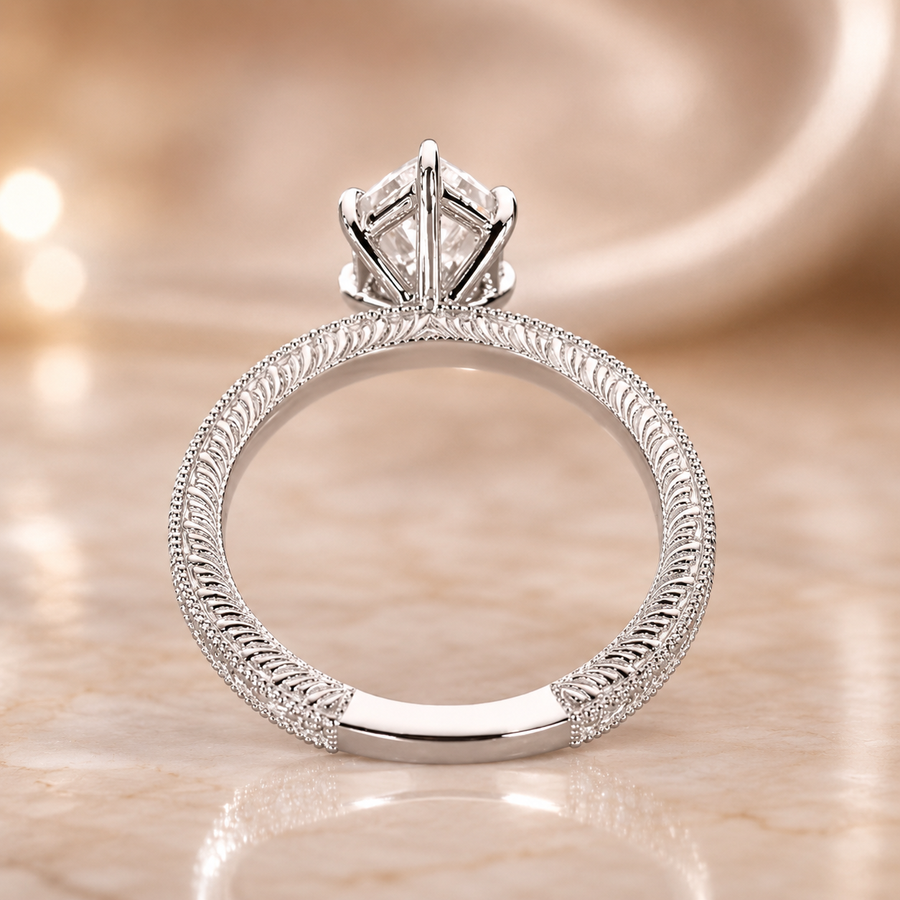 3.50 CT Dutch Marquise Cut Lab-Grown Diamond Engagement Ring in 14K White Gold – Art Deco Engraved Milgrain Floral Design