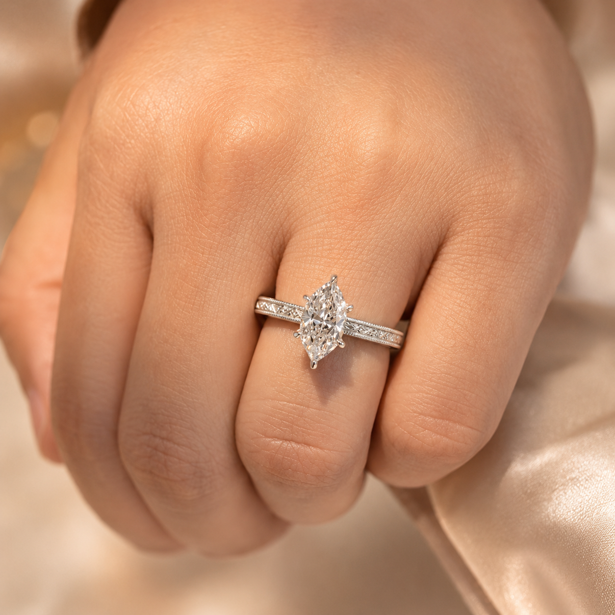 3.50 CT Dutch Marquise Cut Lab-Grown Diamond Engagement Ring in 14K White Gold – Art Deco Engraved Milgrain Floral Design