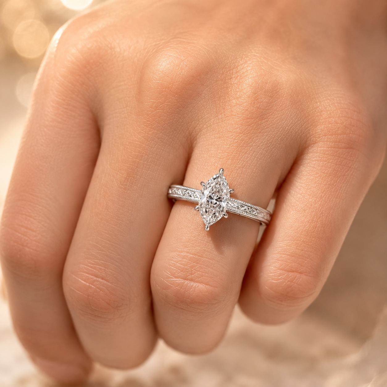3.50 CT Dutch Marquise Cut Lab-Grown Diamond Engagement Ring in 14K White Gold – Art Deco Engraved Milgrain Floral Design