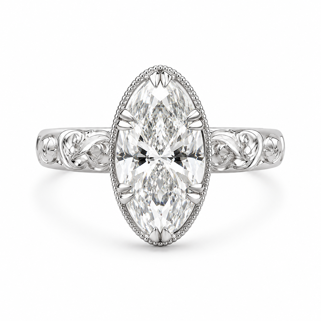1.00 CT Emerald Cut Lab-Grown Diamond Engagement Ring in 14K White Gold – Vintage Floral Engraved Milgrain Design