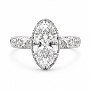1.00 CT Emerald Cut Lab-Grown Diamond Engagement Ring in 14K White Gold – Vintage Floral Engraved Milgrain Design