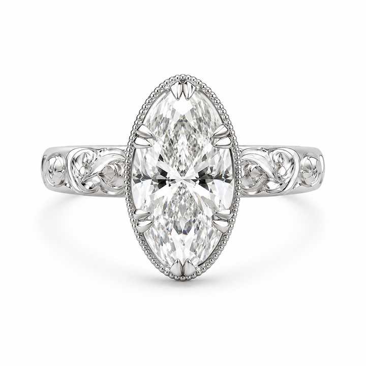 1.00 CT Emerald Cut Lab-Grown Diamond Engagement Ring in 14K White Gold â€“ Vintage Floral Engraved Milgrain Design from Diamond Studio