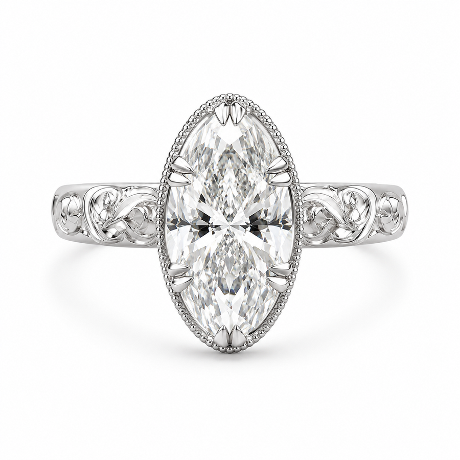 1.00 CT Emerald Cut Lab-Grown Diamond Engagement Ring in 14K White Gold – Vintage Floral Engraved Milgrain Design
