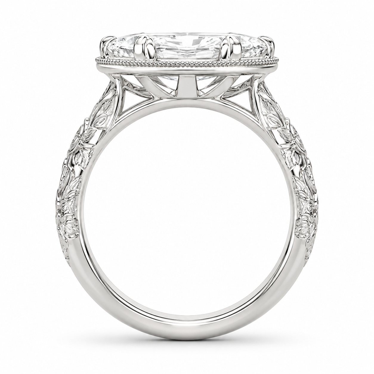 1.00 CT Emerald Cut Lab-Grown Diamond Engagement Ring in 14K White Gold – Vintage Floral Engraved Milgrain Design