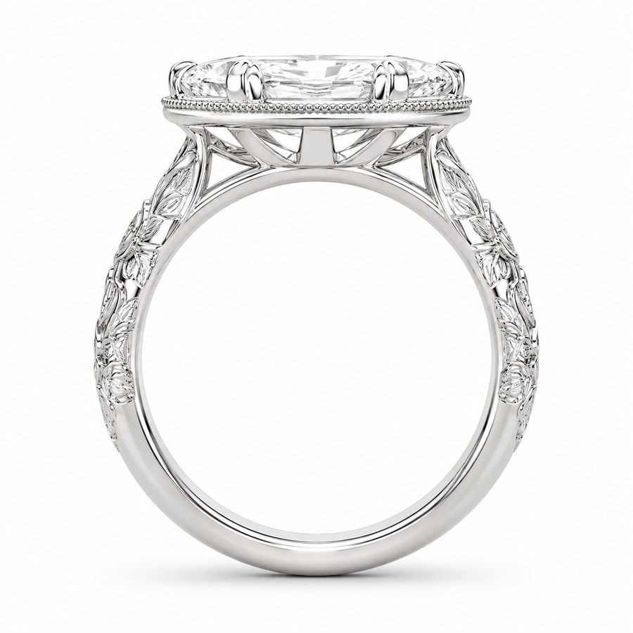 1.00 CT Emerald Cut Lab-Grown Diamond Engagement Ring in 14K White Gold – Vintage Floral Engraved Milgrain Design