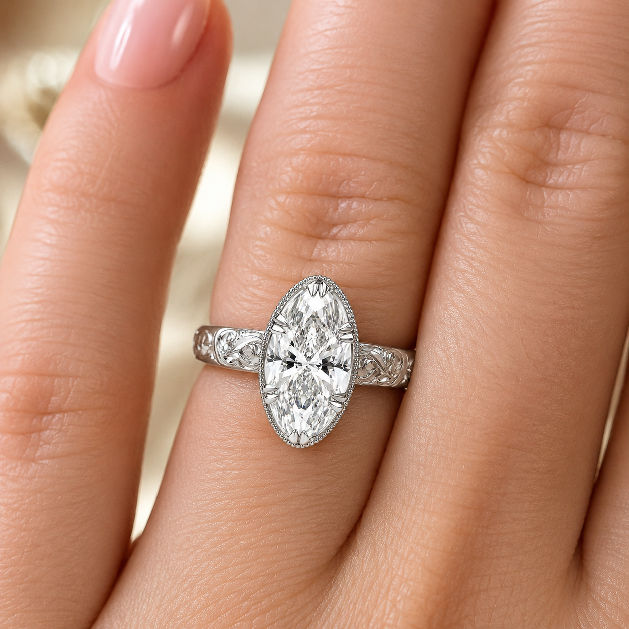 1.00 CT Emerald Cut Lab-Grown Diamond Engagement Ring in 14K White Gold – Vintage Floral Engraved Milgrain Design