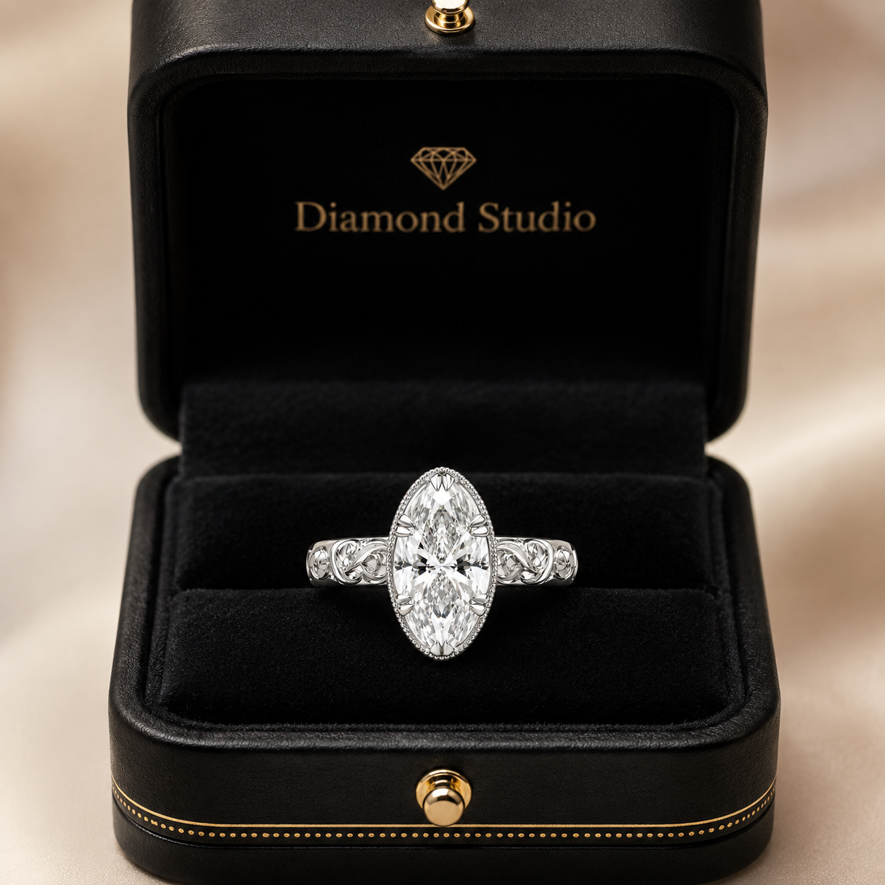 1.00 CT Emerald Cut Lab-Grown Diamond Engagement Ring in 14K White Gold – Vintage Floral Engraved Milgrain Design