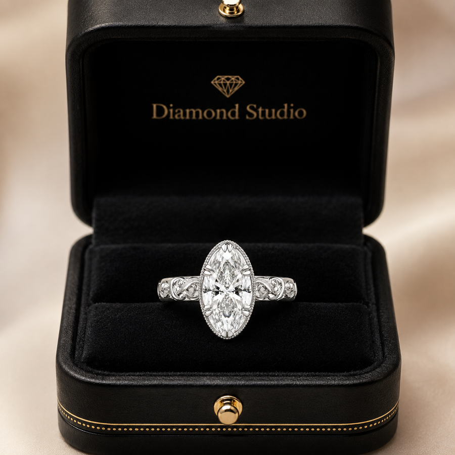 1.00 CT Emerald Cut Lab-Grown Diamond Engagement Ring in 14K White Gold – Vintage Floral Engraved Milgrain Design