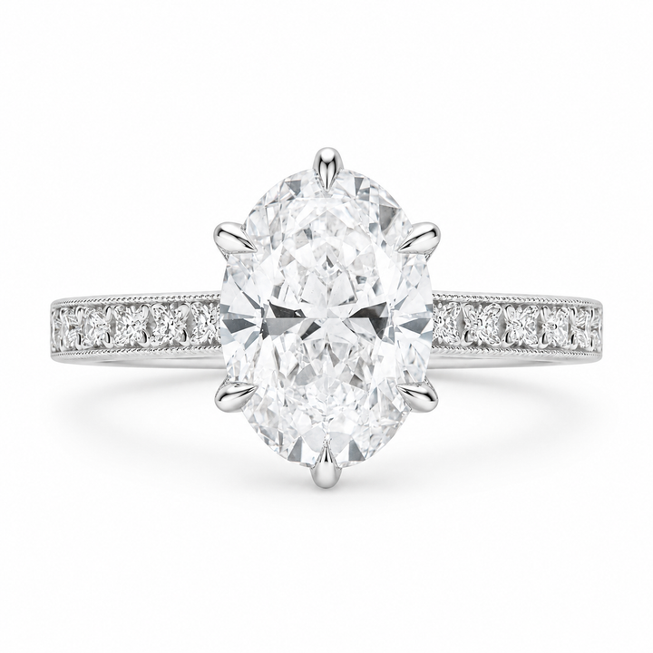 2.50 CT Oval Lab-Grown Diamond Engagement Ring in 14K White Gold â€“ Vintage Floral Cluster Design with Marquise Side Stones from Diamond Studio