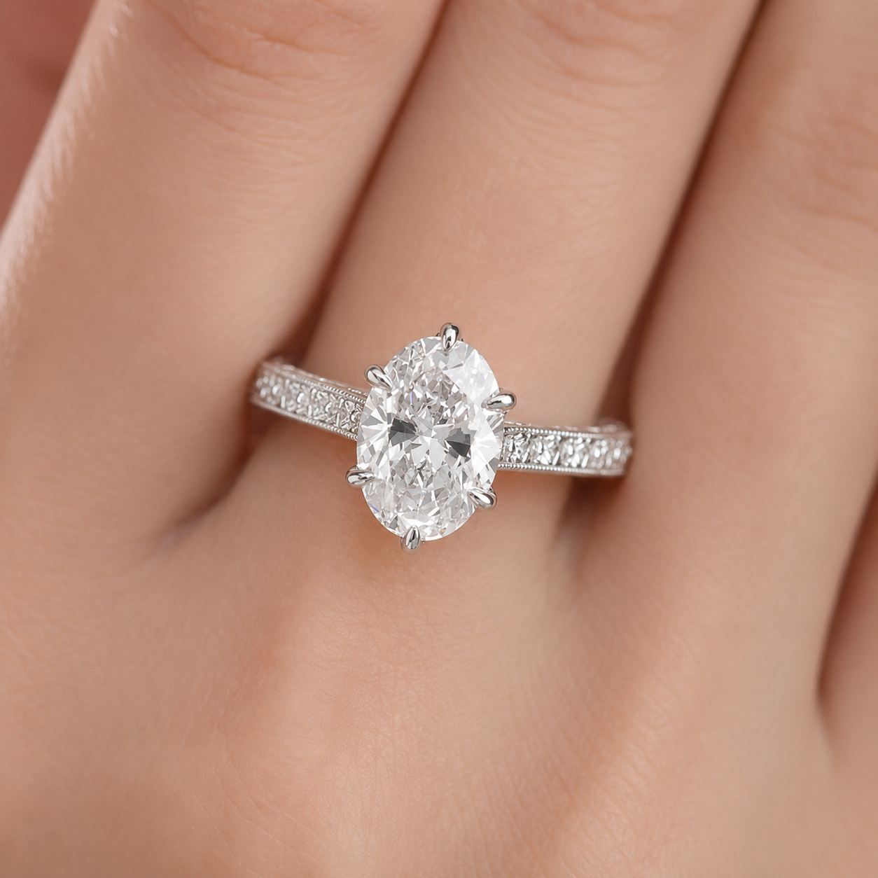 2.50 CT Oval Lab-Grown Diamond Engagement Ring in 14K White Gold – Vintage Floral Cluster Design with Marquise Side Stones