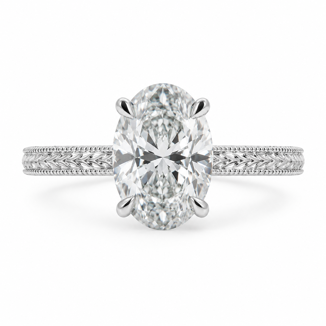 3.00 CT Oval Lab-Grown Diamond Engagement Ring in 14K White Gold – Engraved Art Deco Filigree Hidden Halo Design