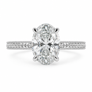 3.00 CT Oval Lab-Grown Diamond Engagement Ring in 14K White Gold – Engraved Art Deco Filigree Hidden Halo Design