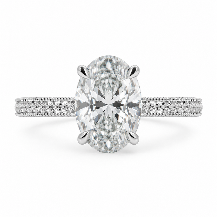 3.00 CT Oval Lab-Grown Diamond Engagement Ring in 14K White Gold â€“ Engraved Art Deco Filigree Hidden Halo Design from Diamond Studio