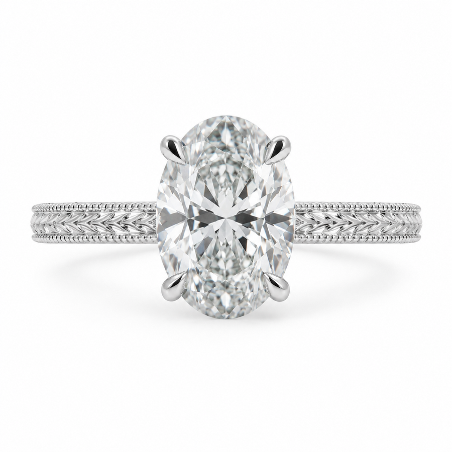 3.00 CT Oval Lab-Grown Diamond Engagement Ring in 14K White Gold – Engraved Art Deco Filigree Hidden Halo Design